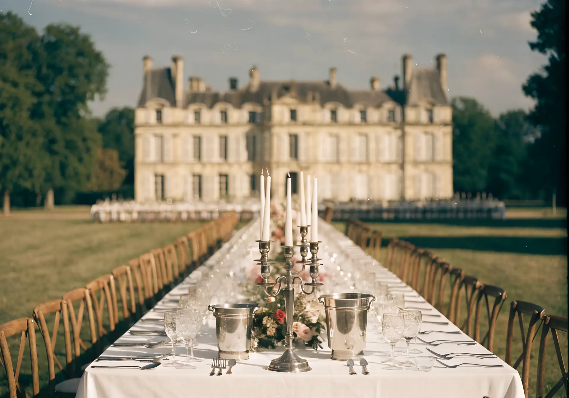 Long outdoor banquet table in front of a French chateau, laid with antique silver plate cutlery, candelabras and champagne buckets
